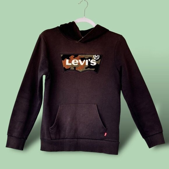 Black Levi’s Camo Batwing Boy's Graphic Logo Soft Fleece Hoodie Size Large 12 yr - Picture 1 of 9